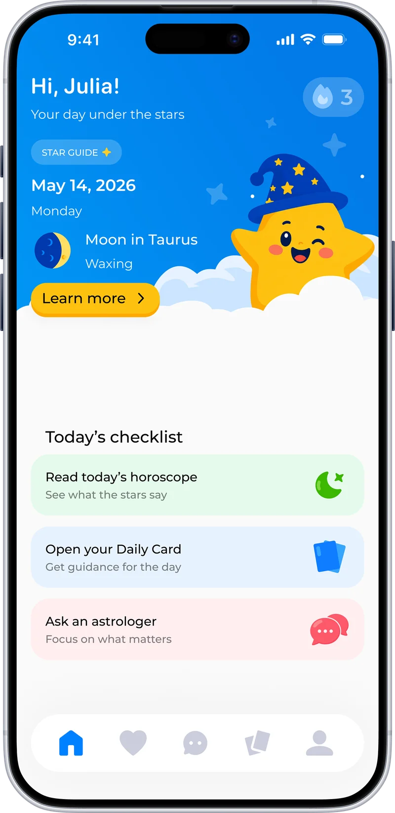MystarX home screen with daily horoscope